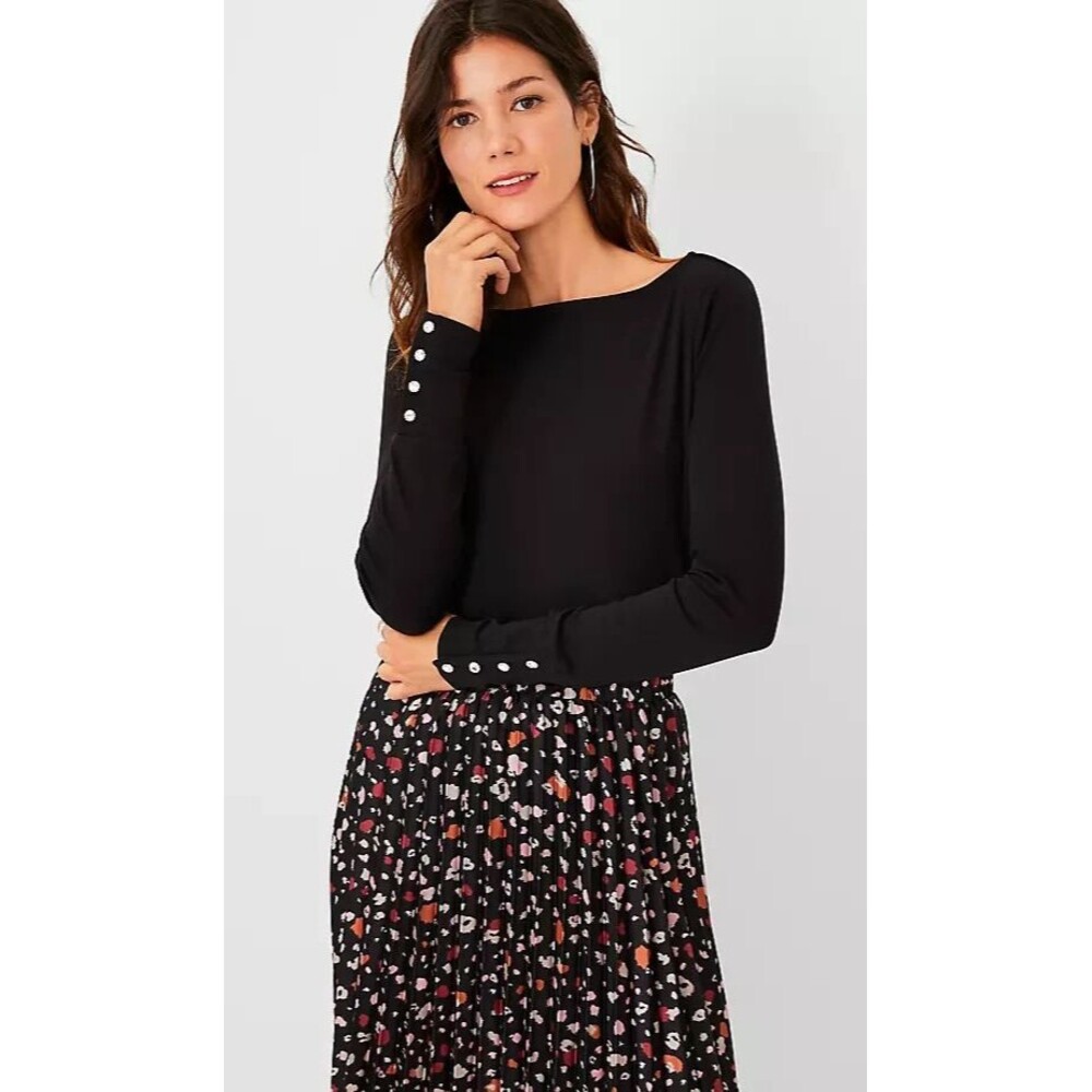 Ann Taylor Womens Black Button Rhinestones Cuff Pullover Boat Neck Top XS